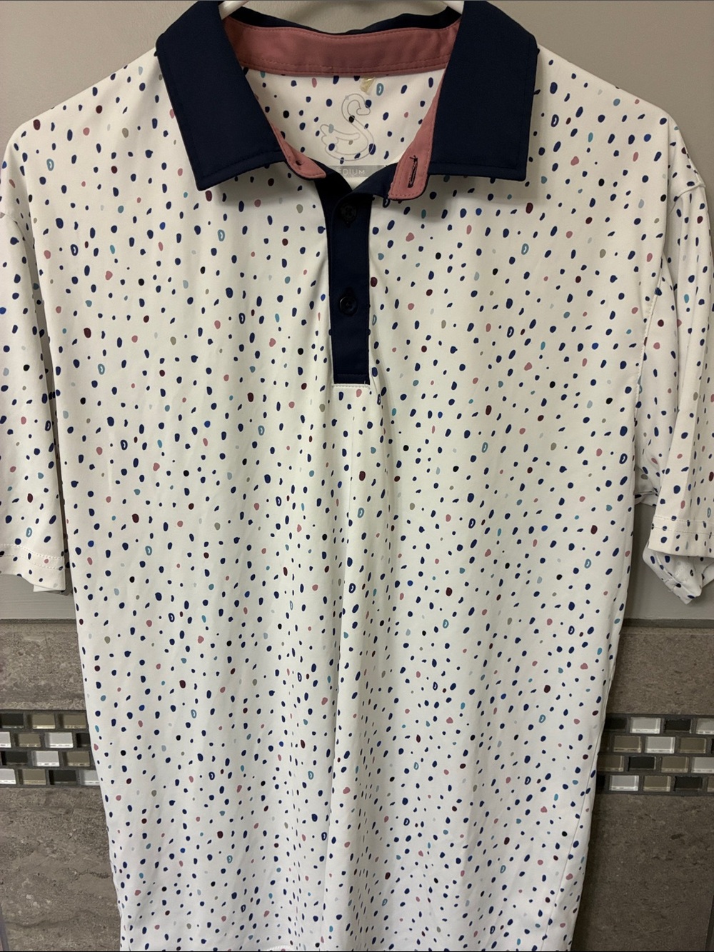 Swannies golf Polo with Navy Collar and Multicolor Dot Print